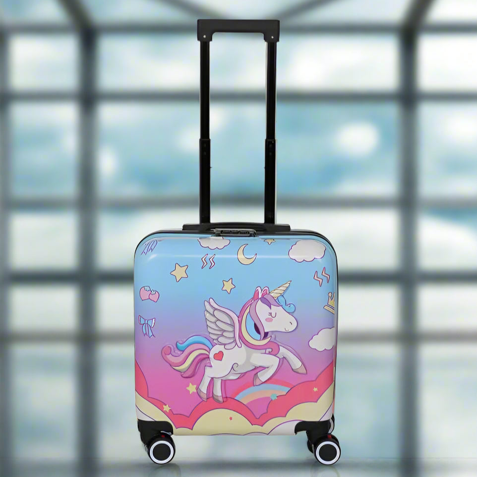 Kids unicorn-themed 3D trolley suitcase with pink and blue sky design www.usmile.toys
