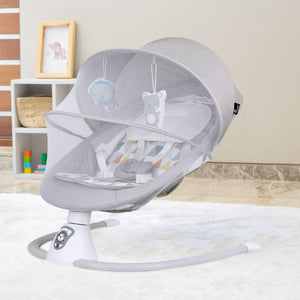 Modern grey Cocoon Smart Auto Baby Swing with a comfortable patterned seat, protective mesh canopy, and dangling toys to engage infants. Designed for soothing motion and hands-free comfort. From uSmile.toys." www.usmile.toys