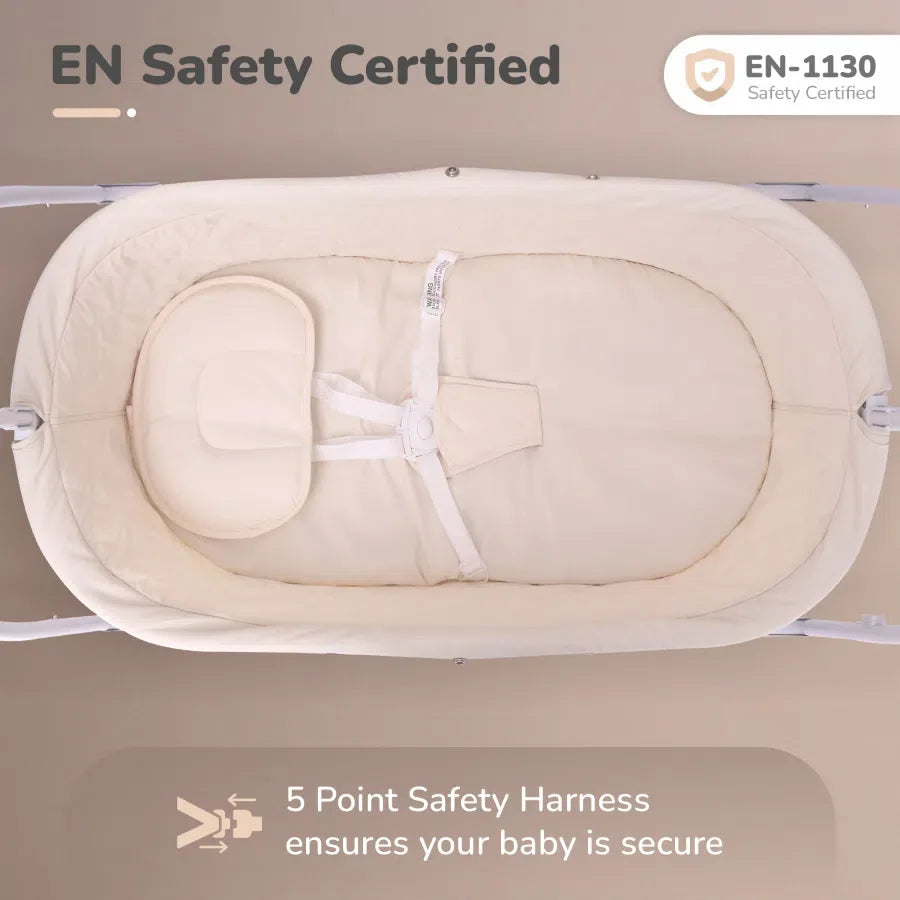 Modern R For Rabbit Lullabies Baby Cradle and Auto Swing in grey and beige, with a protective canopy, mobile, and remote control for automatic swinging. Designed for infant comfort and soothing. From uSmile.toys.
