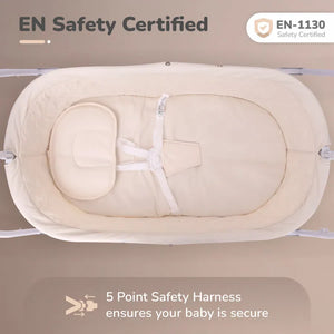 Modern R For Rabbit Lullabies Baby Cradle and Auto Swing in grey and beige, with a protective canopy, mobile, and remote control for automatic swinging. Designed for infant comfort and soothing. From uSmile.toys." www.usmile.toys