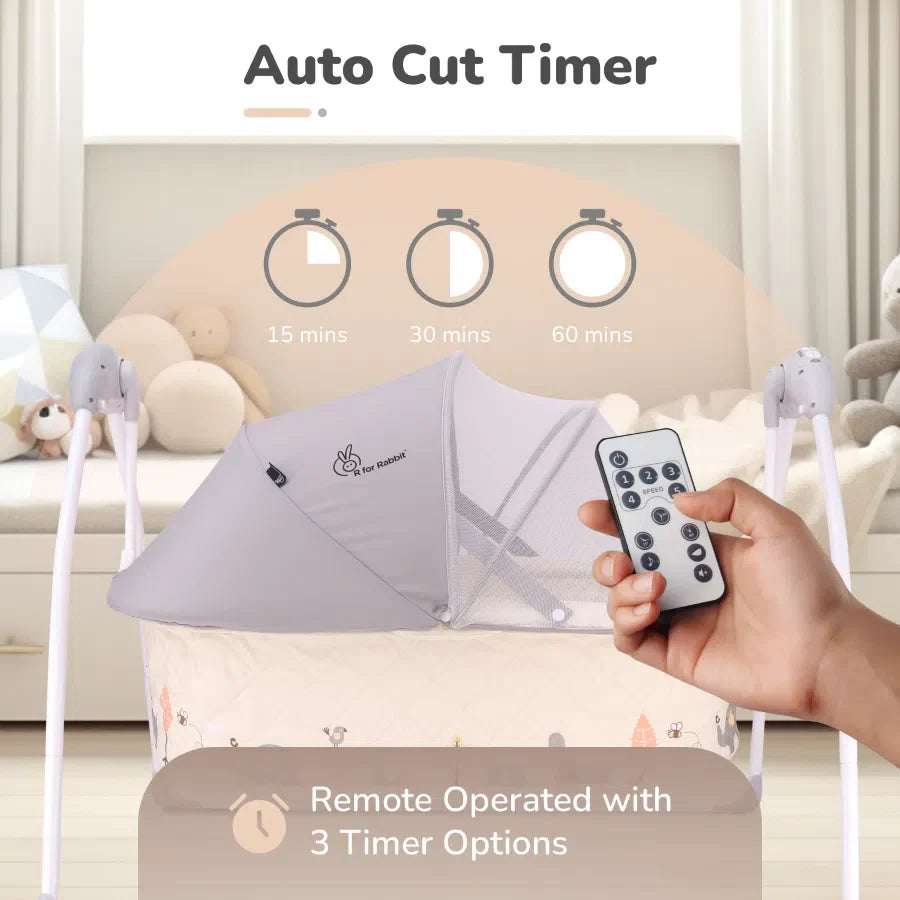 Modern R For Rabbit Lullabies Baby Cradle and Auto Swing in grey and beige, with a protective canopy, mobile, and remote control for automatic swinging. Designed for infant comfort and soothing. From uSmile.toys." www.usmile.toys