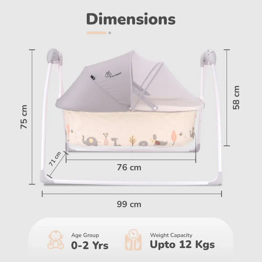 Provide ultimate comfort and hands-free soothing with the R For Rabbit Baby Cradle & Auto Swing, featuring gentle lullabies and remote control for easy adjustments, ensuring peaceful sleep for your baby. Available at uSmile.toy