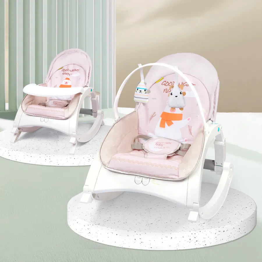 "Pink and white R For Rabbit 3-in-1 Rock N Play Rocker and Bouncer, featuring a reclining seat, removable toy arch with dangling toys, and a feeding tray. Suitable for infants and toddlers. From uSmile.toys." www.usmile.toys