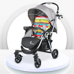 Grey R For Rabbit Chocolate Ride Baby Stroller with a multi-colored striped seat cushion, adjustable canopy, cup holder, and a sturdy frame. Designed for comfortable and secure baby travel. From uSmile.toys." www.usmile.toys