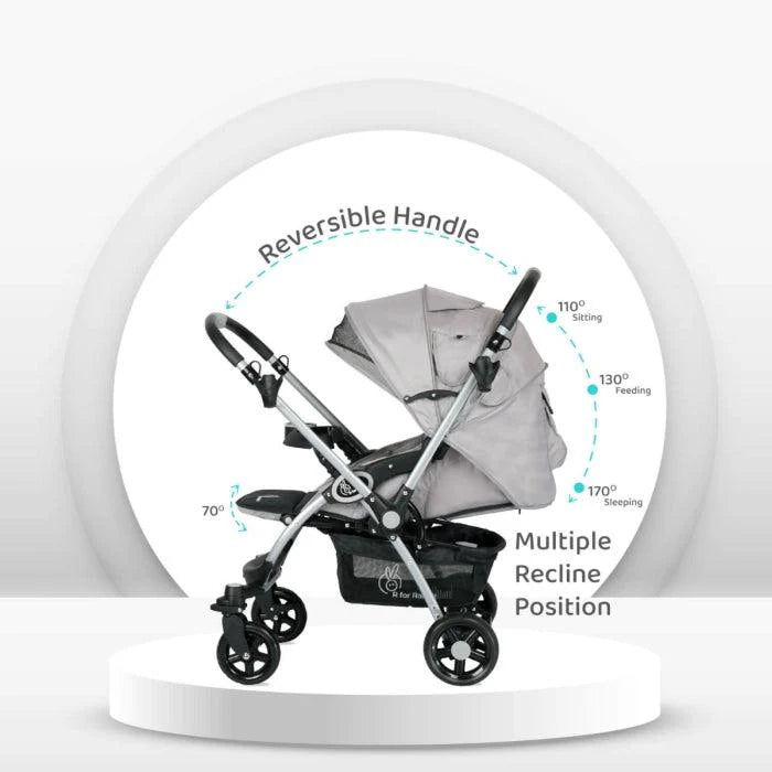 Grey R For Rabbit Chocolate Ride Baby Stroller with a multi-colored striped seat cushion, adjustable canopy, cup holder, and a sturdy frame. Designed for comfortable and secure baby travel. From uSmile.toys.