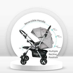 Grey R For Rabbit Chocolate Ride Baby Stroller with a multi-colored striped seat cushion, adjustable canopy, cup holder, and a sturdy frame. Designed for comfortable and secure baby travel. From uSmile.toys." www.usmile.toys