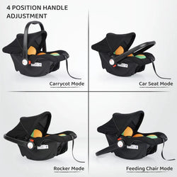 Black R For Rabbit Picabo 4-in-1 Baby Carrycot and Car Seat with vibrant orange and green padded interior, a sturdy handle, and a protective canopy. Designed for safe infant travel and comfort. From uSmile.toys." www.usmile.toys