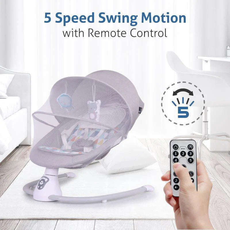 Modern grey Cocoon Smart Auto Baby Swing with a comfortable patterned seat, protective mesh canopy, and dangling toys to engage infants. Designed for soothing motion and hands-free comfort. From uSmile.toys." www.usmile.toys