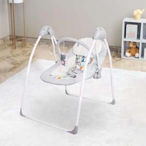 Grey R for Rabbit electric baby bouncer with safety harness and mobile toy bar, ideal for soothing infants. www.usmile.toys