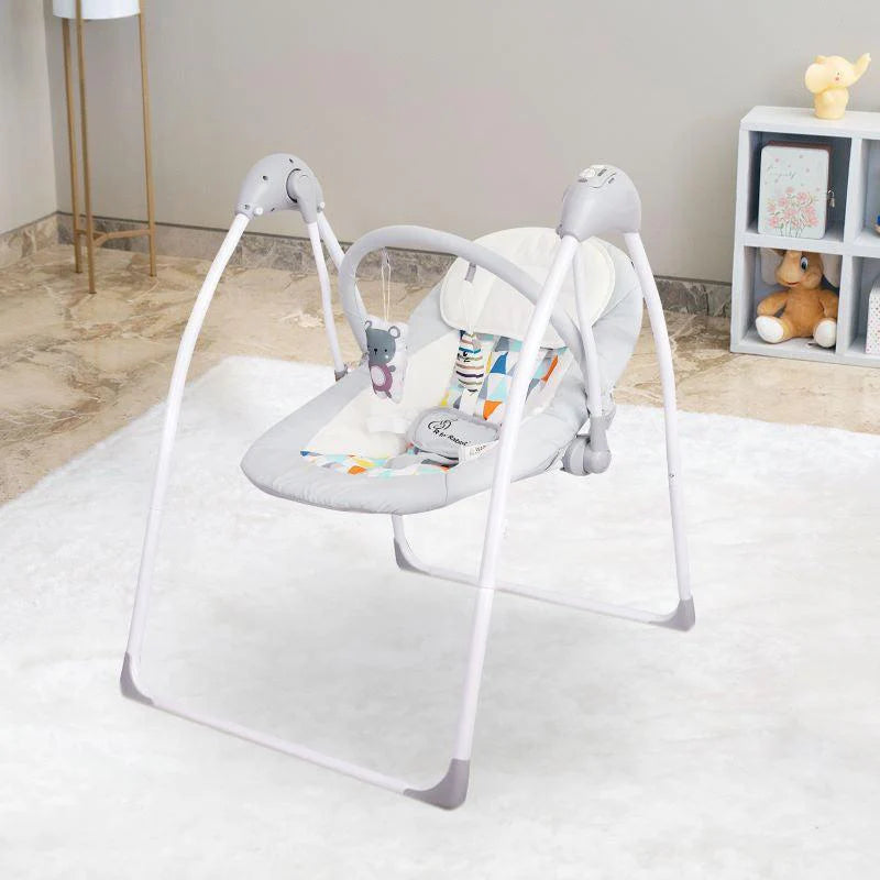 Grey R for Rabbit electric baby bouncer with safety harness and mobile toy bar, ideal for soothing infants. www.usmile.toys