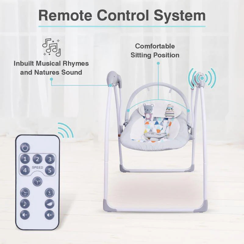 Grey R for Rabbit electric baby bouncer with safety harness and mobile toy bar, ideal for soothing infants. www.usmile.toys