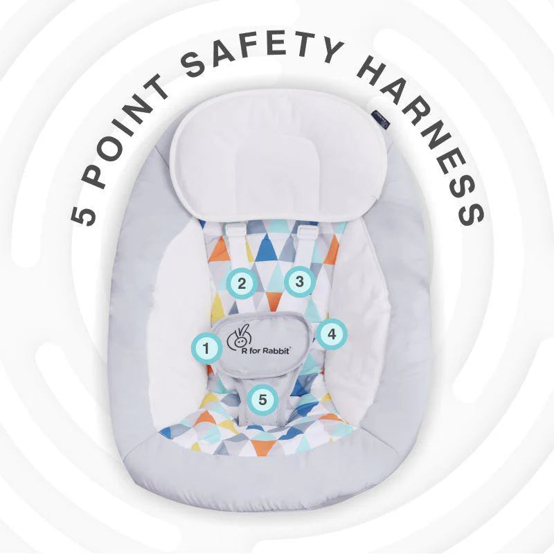 Grey R for Rabbit electric baby bouncer with safety harness and mobile toy bar, ideal for soothing infants. www.usmile.toys