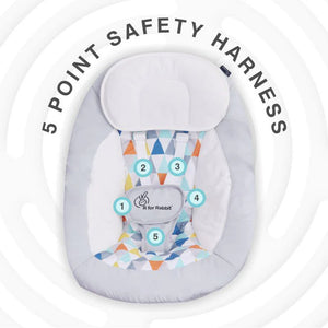 Grey R for Rabbit electric baby bouncer with safety harness and mobile toy bar, ideal for soothing infants. www.usmile.toys