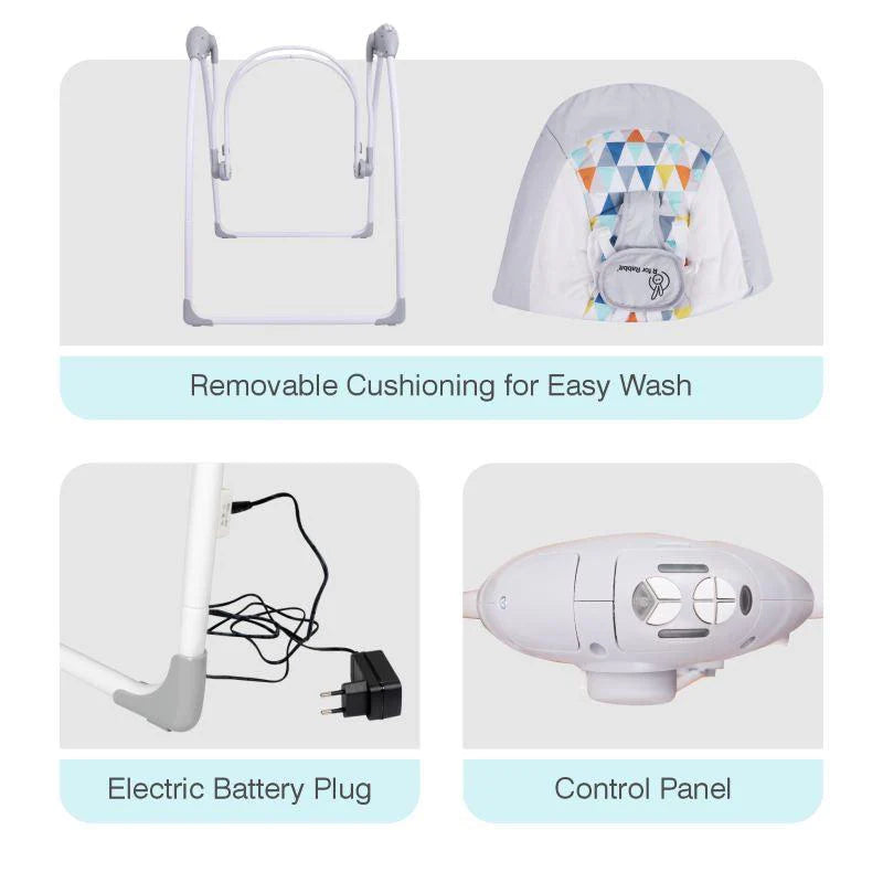 Comforting R for Rabbit automatic baby swing, providing gentle motion and entertainment for peaceful babies. www.usmile.toys