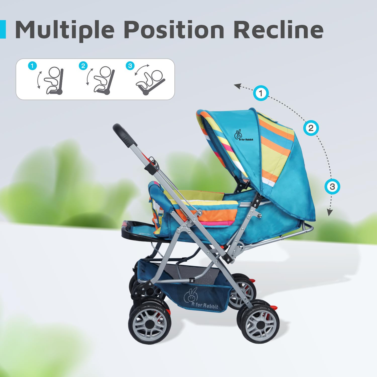Lightweight R for Rabbit baby pram in blue and yellow stripes, featuring a padded seat, safety harness, and large wheels. www.usmile.toys