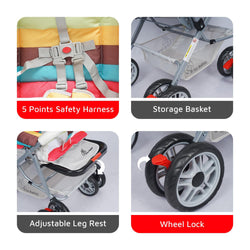 Collapsible blue baby stroller with bright yellow, orange, and blue striped fabric, standing on a light grey platform. www.usmile.toys