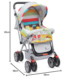 Collapsible blue baby stroller with bright yellow, orange, and blue striped fabric, standing on a light grey platform. www.usmile.toys