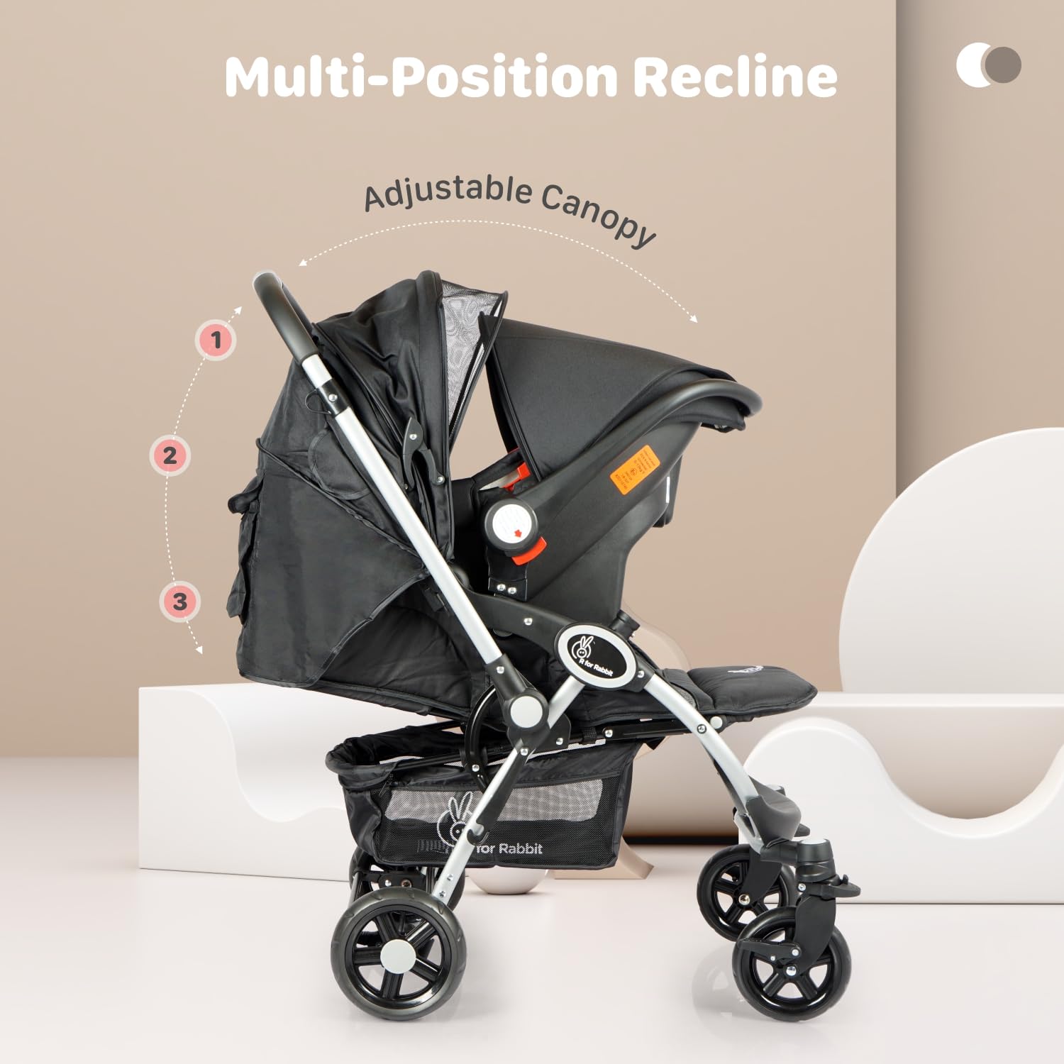 Black and grey R for Rabbit Chocolate Ride baby travel system, including a stroller and infant car seat, designed for newborns and toddlers." www.usmile.toys 