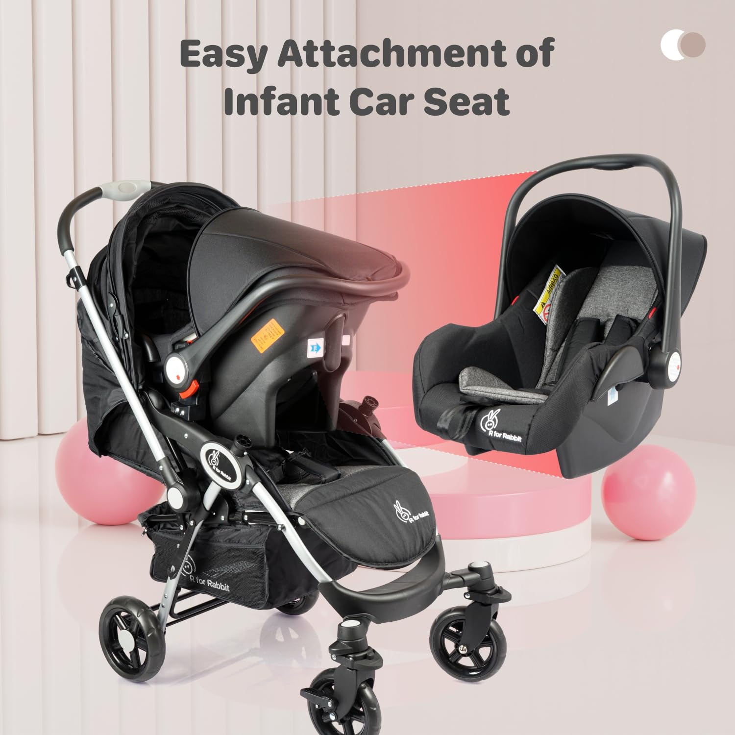 Black and grey R for Rabbit Chocolate Ride baby travel system, including a stroller and infant car seat, designed for newborns and toddlers." www.usmile.toys