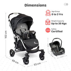 Complete R for Rabbit baby travel system in a dark color scheme, showcasing a sturdy baby stroller with a full recline and an accompanying infant car seat, both featuring the R for Rabbit logo, designed for comfort and convenience." www.usmile.toys