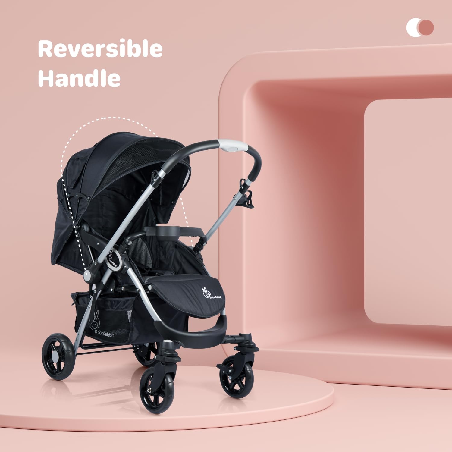 Complete R for Rabbit baby travel system in a dark color scheme, showcasing a sturdy baby stroller with a full recline and an accompanying infant car seat, both featuring the R for Rabbit logo, designed for comfort and convenience." www.usmile.toys