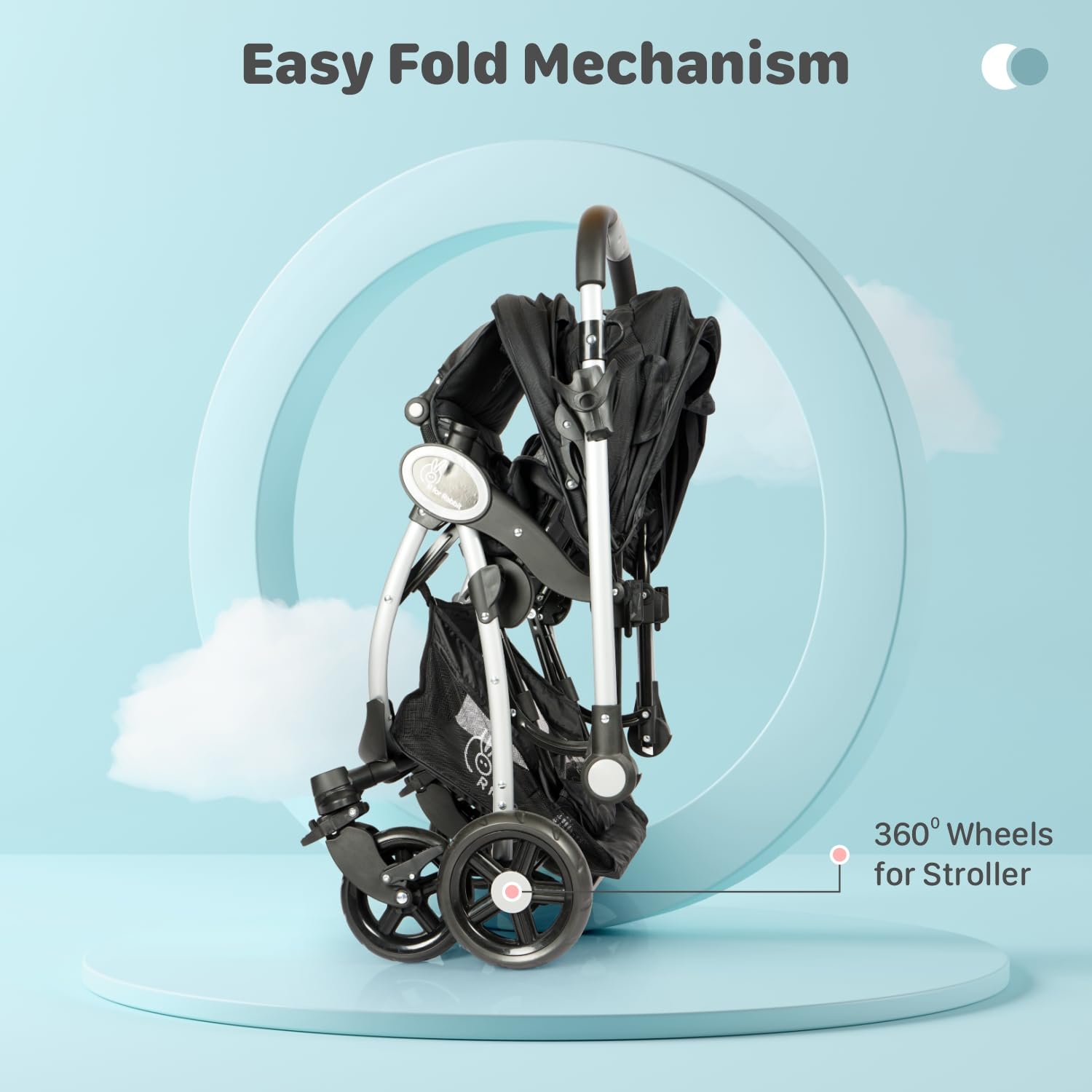 Complete R for Rabbit baby travel system in a dark color scheme, showcasing a sturdy baby stroller with a full recline and an accompanying infant car seat, both featuring the R for Rabbit logo, designed for comfort and convenience." www.usmile.toys