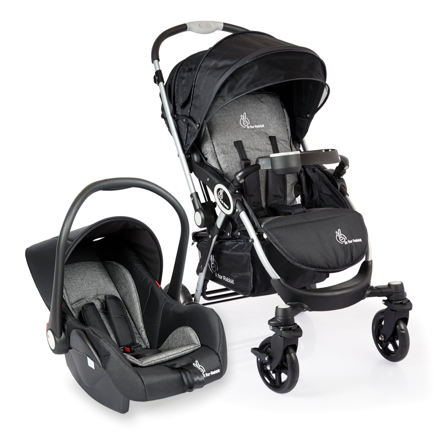 "Black and grey R for Rabbit Chocolate Ride baby travel system, including a stroller and infant car seat, designed for newborns and toddlers." www.usmile.toys