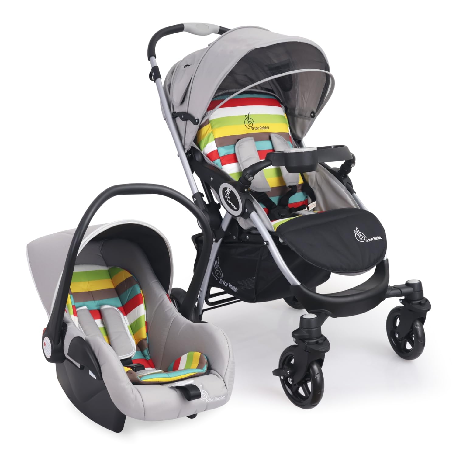  R for Rabbit Baby Travel System with a grey stroller and infant car seat, offering a complete solution for safe and convenient baby and kids transportation, with colorful accents. www.usmile.toys