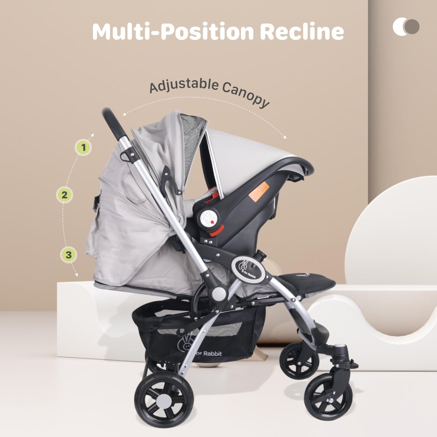  R for Rabbit Baby Travel System with a grey stroller and infant car seat, offering a complete solution for safe and convenient baby and kids transportation, with colorful accents. www.usmile.toys