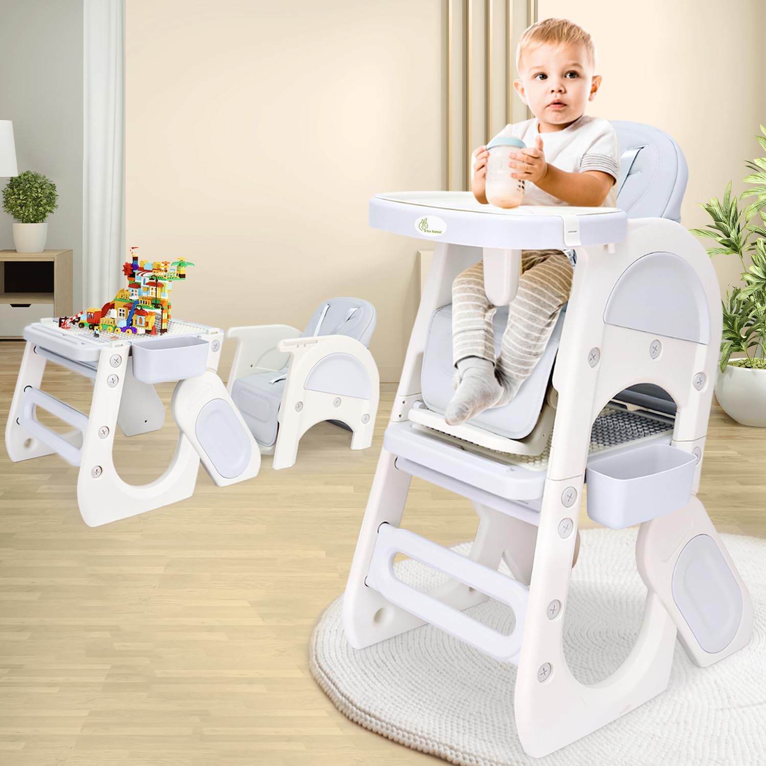 Alt text: R for Rabbit Grow N Play 5-in-1 multifunctional kids high chair in white and grey, converting from a feeding high chair to a toddler table and chair set. Ideal for growing babies and toddlers. www.usmile.toys