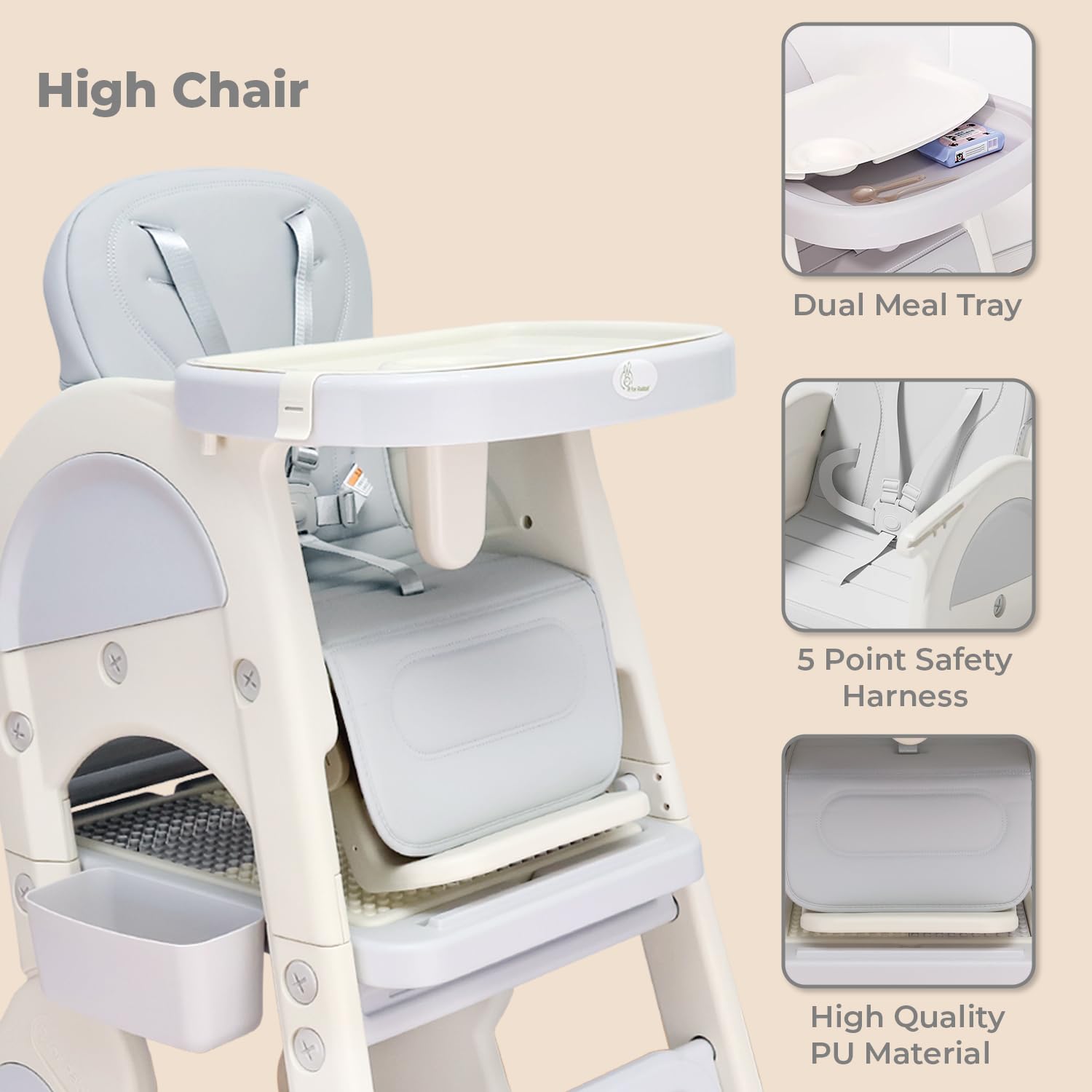 Alt text: Versatile R for Rabbit Grow N Play smart convertible high chair for kids, offering 5-in-1 functionality including a baby feeding chair and an independent play table with chair. Perfect for usmile.toys. www.usmile.toys