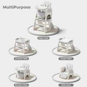 Alt text: R for Rabbit Grow N Play 5-in-1 multifunctional kids high chair in white and grey, converting from a feeding high chair to a toddler table and chair set. Ideal for growing babies and toddlers. www.usmile.toys