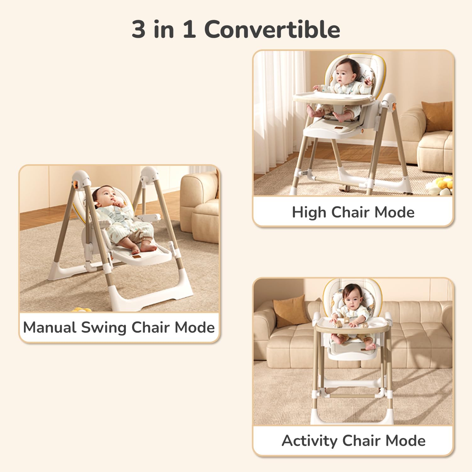 Modern baby high chair with adjustable tray and a separate baby swing/bouncer, both in a neutral cream and beige color scheme. Features happy babies using the multi-functional seating, perfect for a nursery or living room.