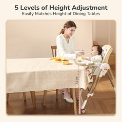 Modern baby high chair with adjustable tray and a separate baby swing/bouncer, both in a neutral cream and beige color scheme. Features happy babies using the multi-functional seating, perfect for a nursery or living room." www.usmile.com 