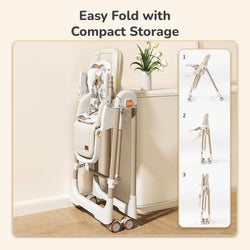 Modern baby high chair with adjustable tray and a separate baby swing/bouncer, both in a neutral cream and beige color scheme. Features happy babies using the multi-functional seating, perfect for a nursery or living room." www.usmile.com