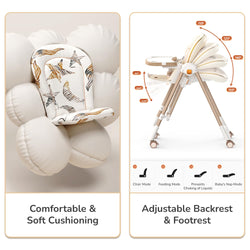 Modern baby high chair with adjustable tray and a separate baby swing/bouncer, both in a neutral cream and beige color scheme. Features happy babies using the multi-functional seating, perfect for a nursery or living room." www.usmile.com
