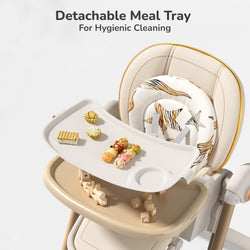 Modern baby high chair with adjustable tray and a separate baby swing/bouncer, both in a neutral cream and beige color scheme. Features happy babies using the multi-functional seating, perfect for a nursery or living room." www.usmile.com