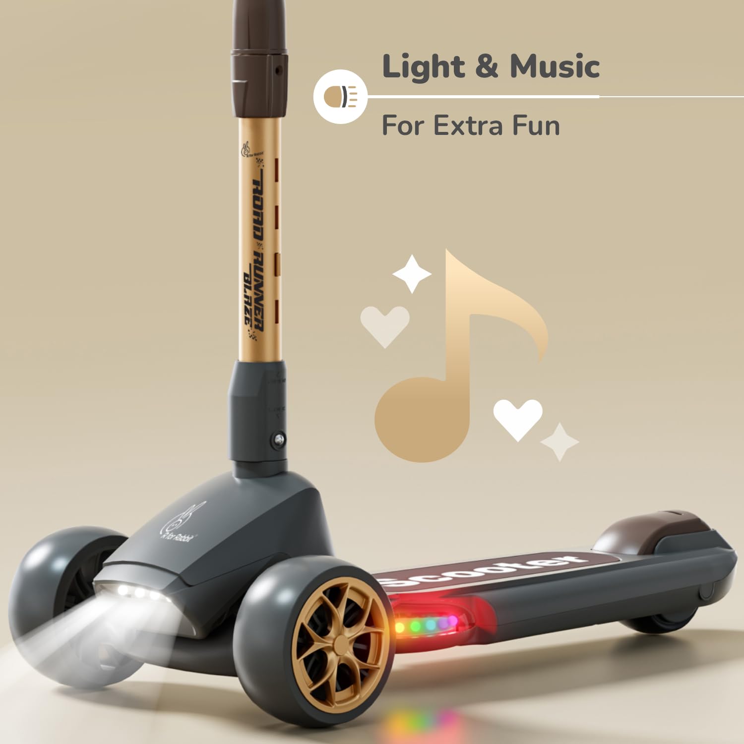 Dark grey R for Rabbit Road Runner Blaze 3-wheel foldable kick scooter for kids, featuring bright PU LED light-up wheels, 4 adjustable height levels, and light & music for extra fun. Usmile Toys.