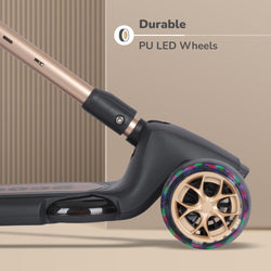 Dark grey R for Rabbit Road Runner Blaze 3-wheel foldable kick scooter for kids, featuring bright PU LED light-up wheels, 4 adjustable height levels, and light & music for extra fun. Usmile  www.usmile.toys
