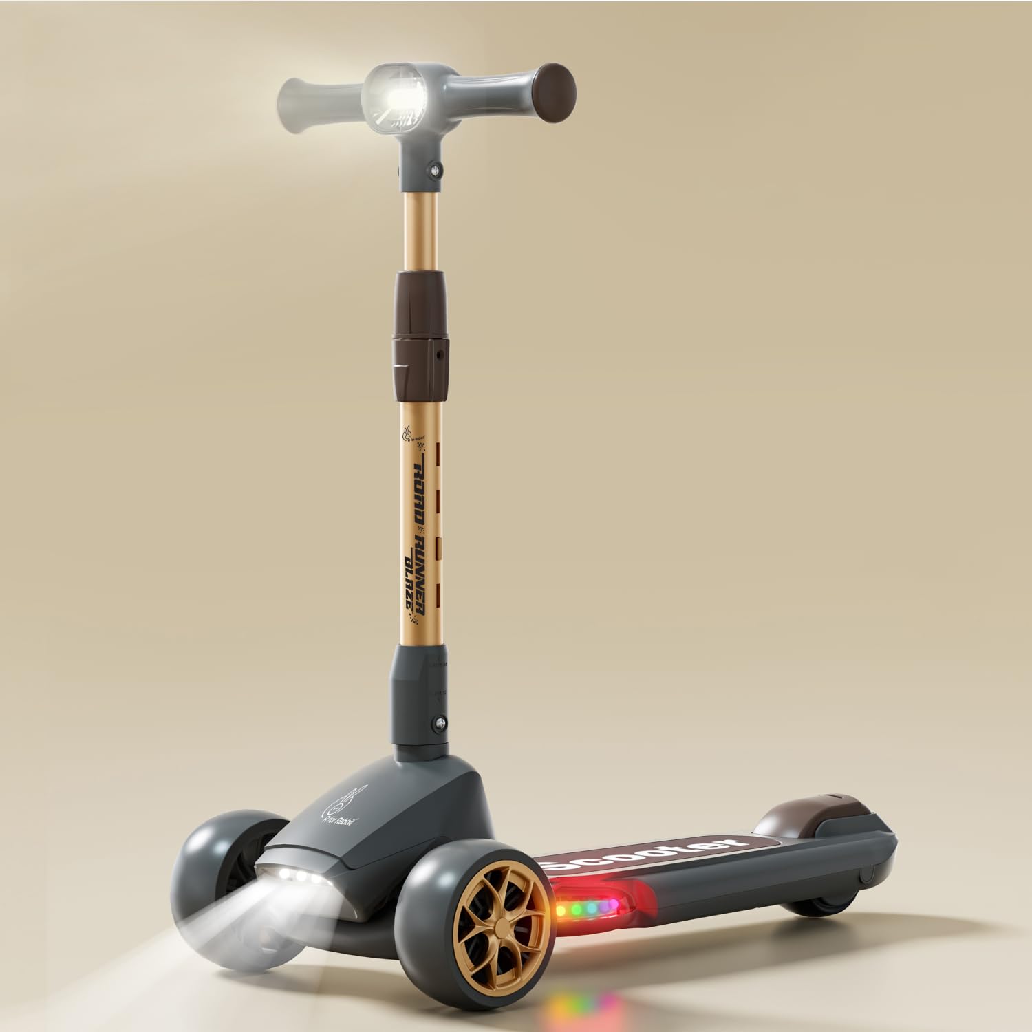 R for Rabbit Road Runner Blaze 3-wheel scooter in dark grey with golden wheels, offering 4 adjustable heights, foldable design, and exciting PU LED lights with music for kids' entertainment and mobility." www.usmile.toys