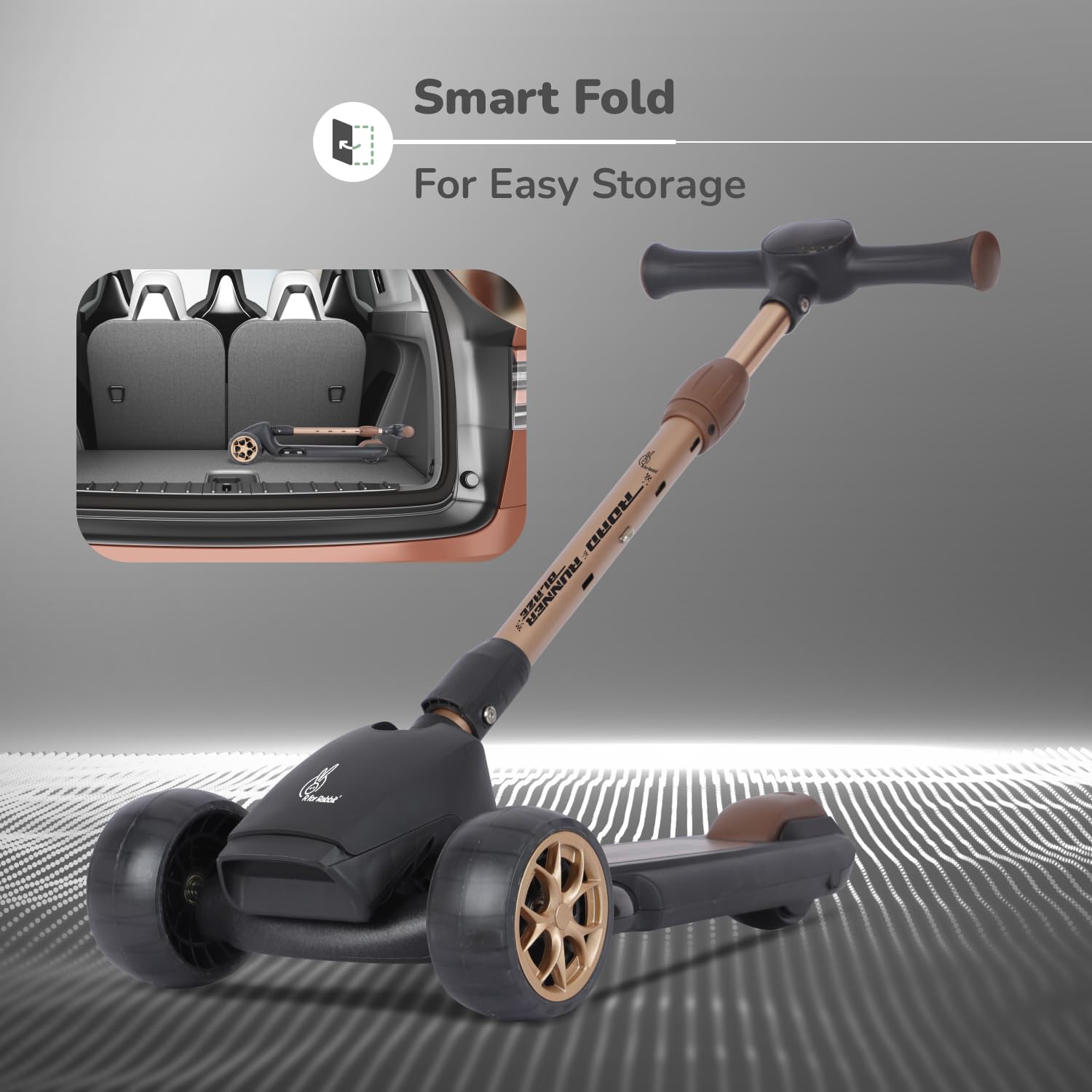 R for Rabbit Road Runner Blaze 3-wheel scooter in dark grey with golden wheels, offering 4 adjustable heights, foldable design, and exciting PU LED lights with music for kids' entertainment and mobility." www.usmile.toys