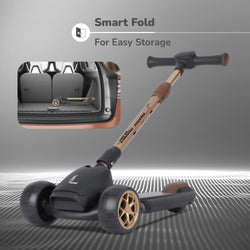 R for Rabbit Road Runner Blaze 3-wheel scooter in dark grey with golden wheels, offering 4 adjustable heights, foldable design, and exciting PU LED lights with music for kids' entertainment and mobility." www.usmile.toys