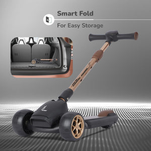 R for Rabbit Road Runner Blaze 3-wheel scooter in dark grey with golden wheels, offering 4 adjustable heights, foldable design, and exciting PU LED lights with music for kids' entertainment and mobility." www.usmile.toys