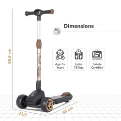 "The R for Rabbit Road Runner Blaze, a premium foldable 3-wheel kick scooter for children, presented in a sleek dark grey with stylish gold wheel accents. This scooter boasts durable PU LED light-up wheels, 4  adjustable height levels to grow with your child, and integrated light & music features for an enhanced riding experience. Available at Usmile Toys." www.usmile toys
