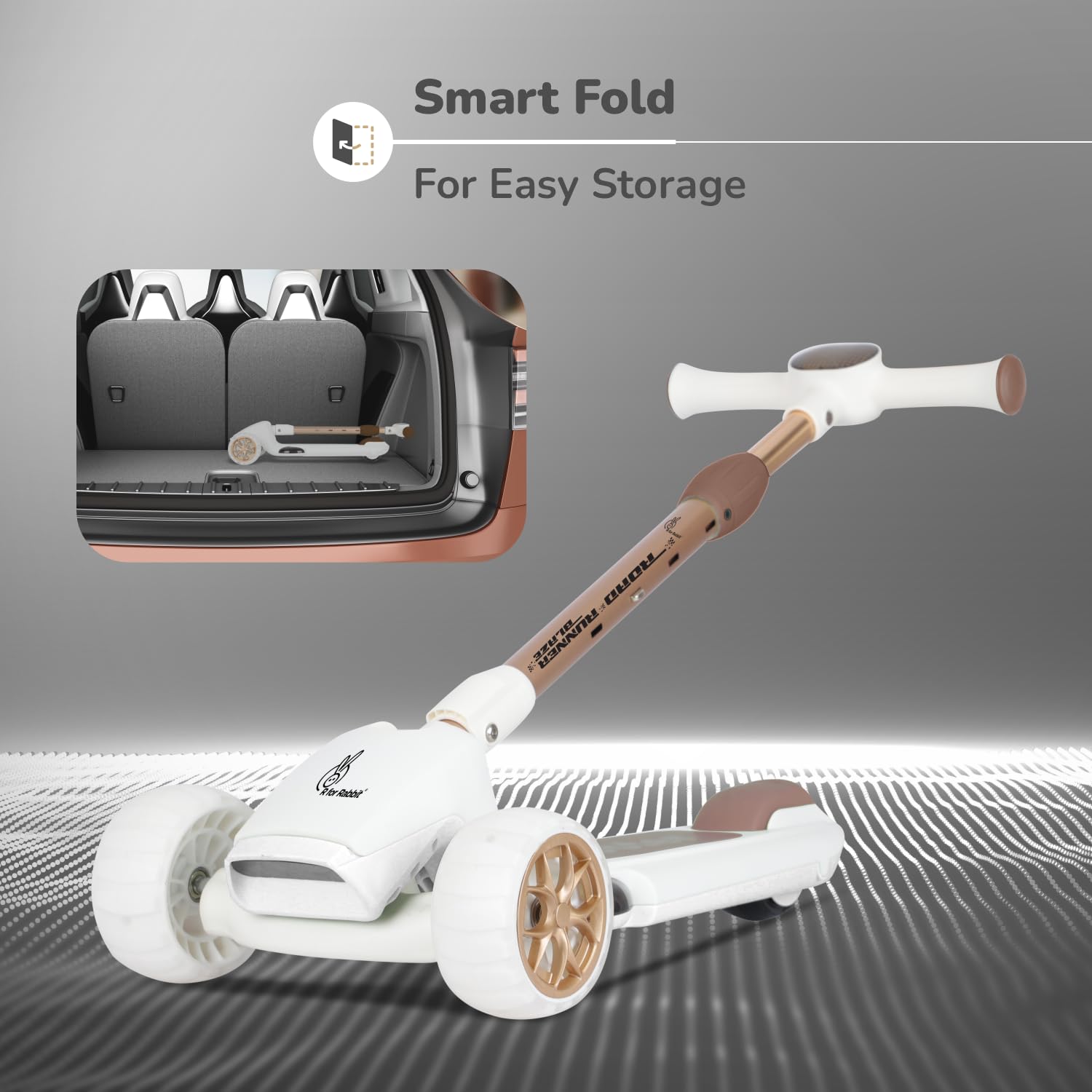 "R for Rabbit Road Runner Blaze Scooter, grey, foldable, LED, music, 4-level adjustable. Usmile Toys." www.usmile.toys