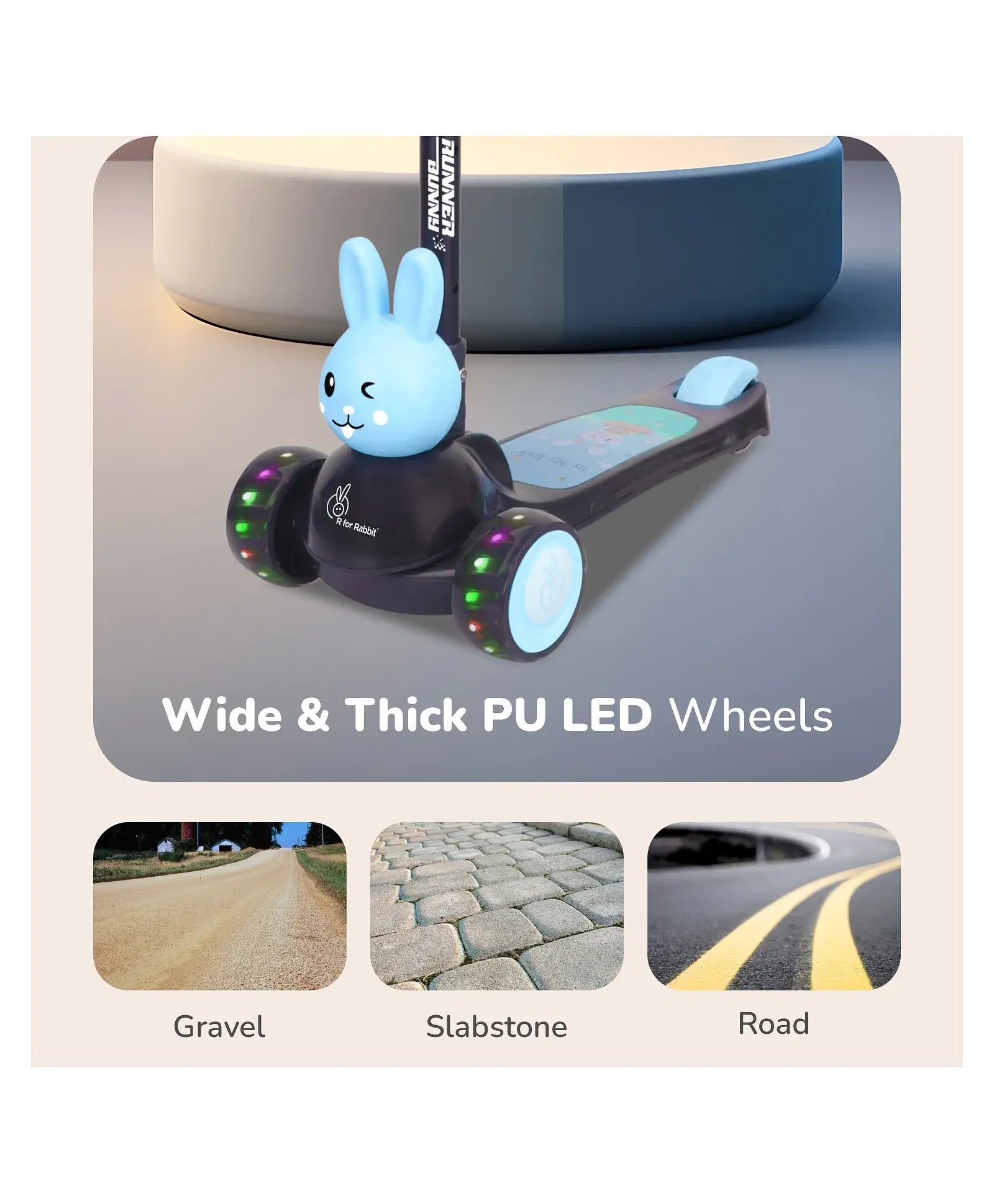 Toy scooter with rabbit design and LED wheels on a gray background