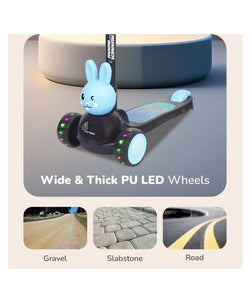 Toy scooter with rabbit design and LED wheels on a gray background