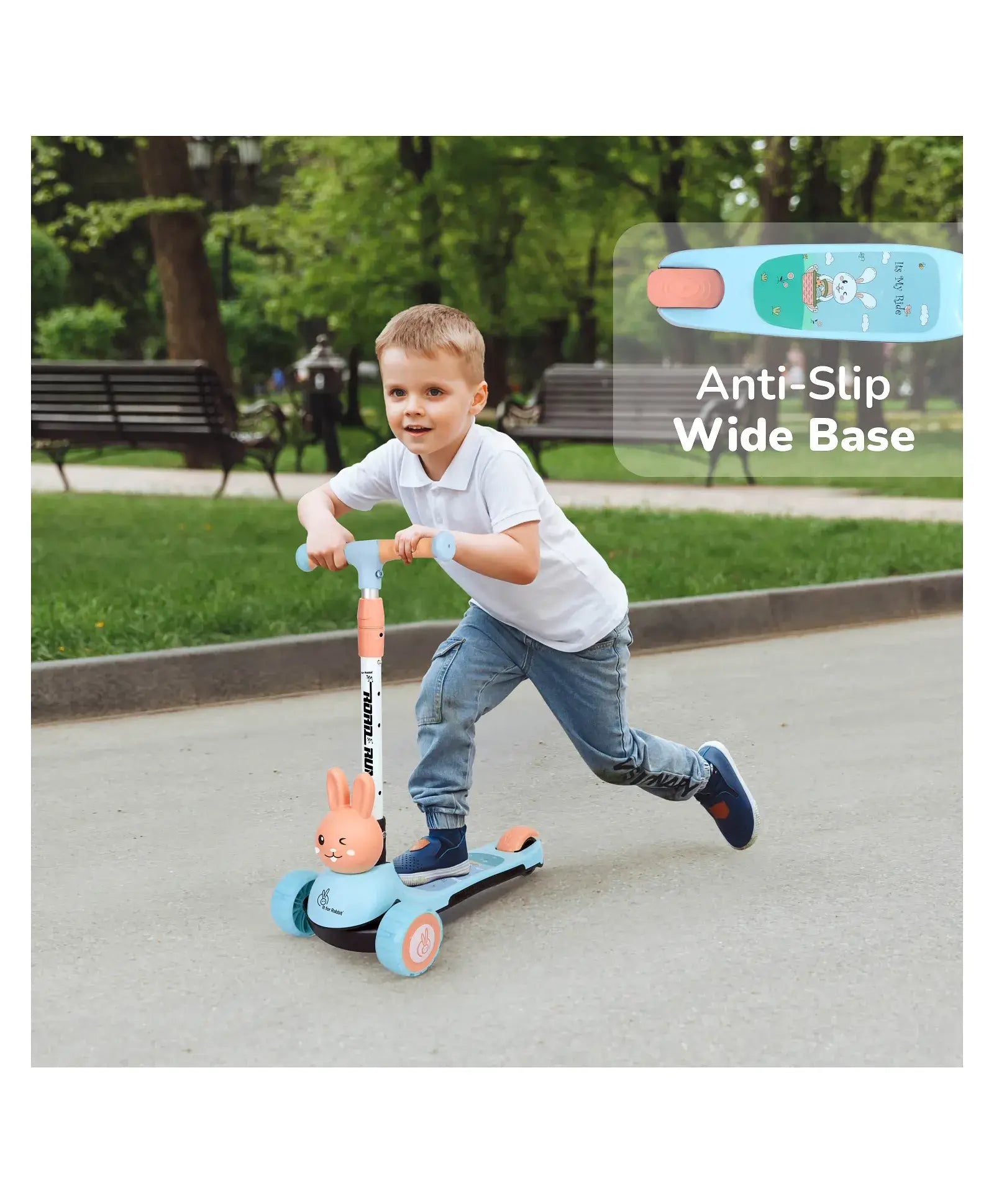Child riding a scooter with an anti-slip wide base feature highlighted.