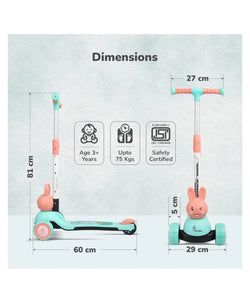 Children's scooter with dimensions and safety certification details on a light blue background