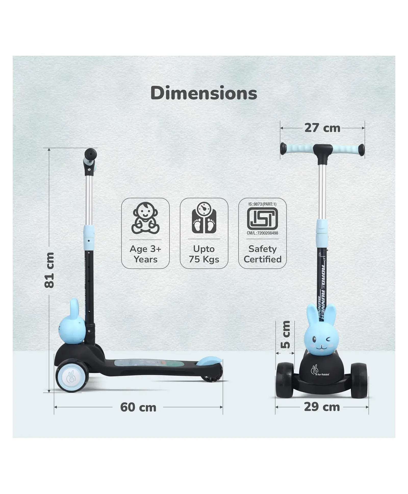 Dimensions of a children's scooter with safety certification logos on a light gray background